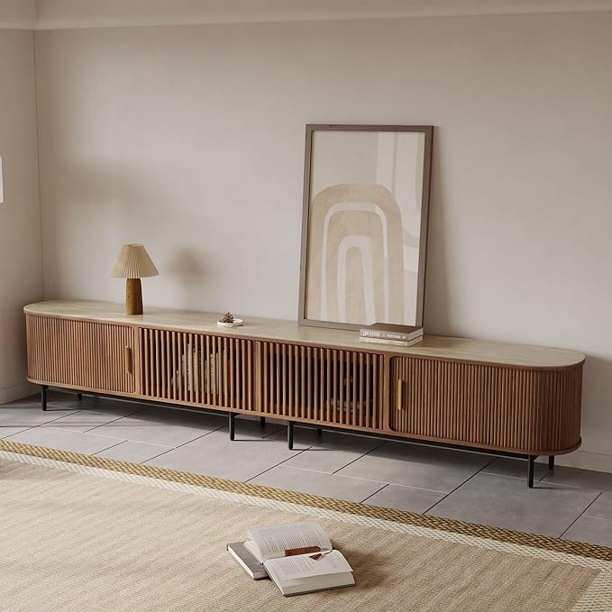 POVISON Fully-Assembled Sliding Tambour Door TV Stand, Mid Century Modern by POVISON