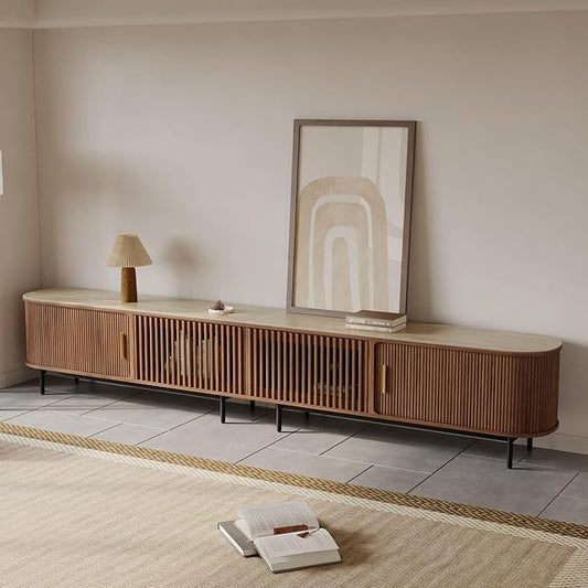 POVISON Fully-Assembled Sliding Tambour Door TV Stand, Mid Century Modern by POVISON