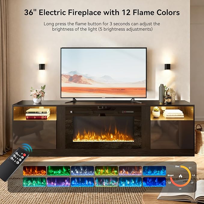 YISUFO 70" TV Stand with 36" Electric Fireplace, Large Modern Media - Image 2
