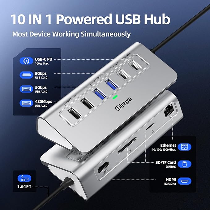 intpw P9R USB C Hub Ethernet, 10-in-1 USB-C Docking Station, Aluminum USB to - Image 2