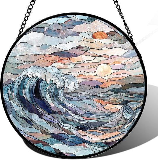 DASTOLL Stained Glass Window Hanging, Sunrise Waves Sun Catchers Diamond Glass by DASTOLL