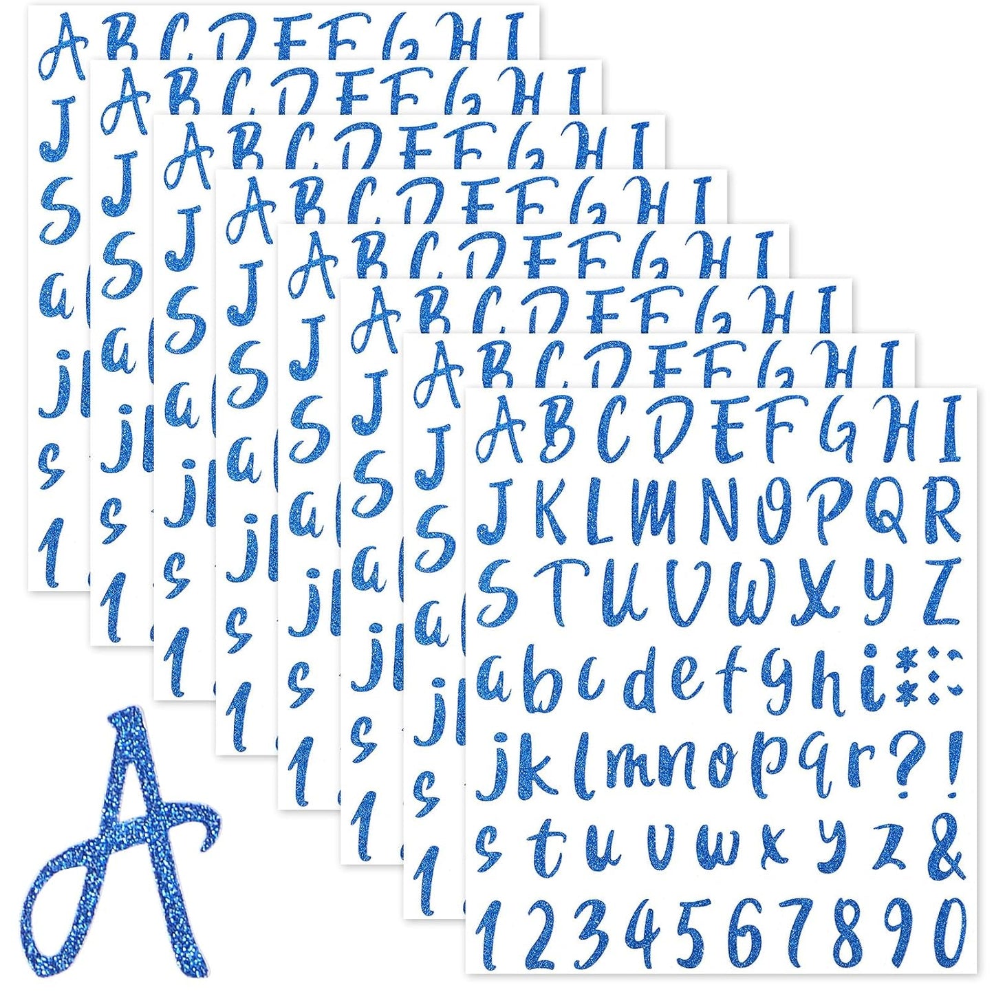 Outus 576 Pcs 8 Sheets Glitter Letters Stickers Vinyl Alphabet Number Decals Back to School Supplies for Water Bottles Cups Mailbox Scrapbooking Bulletin Board Classroom Decor(1 Inch,Sapphire Blue)