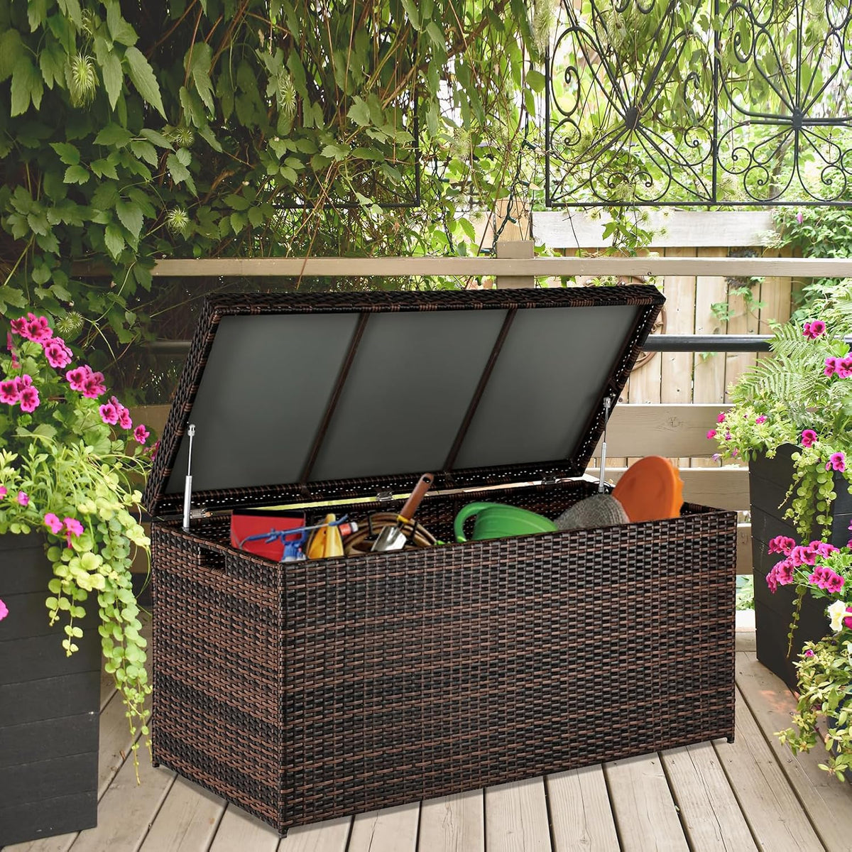 vingli 132 gallon outdoor wicker storage box on a desk or shelf