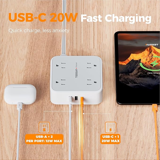 Surge Protector Power Strip, TESSAN 5 Ft Flat Plug Extension Cord - Image 3