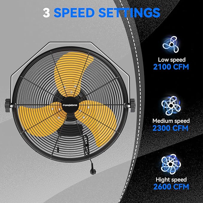 2600 CFM 14 inch Outdoor High Velocity Wall Mounted Fan, 3-Speed Metal Fans - Image 2