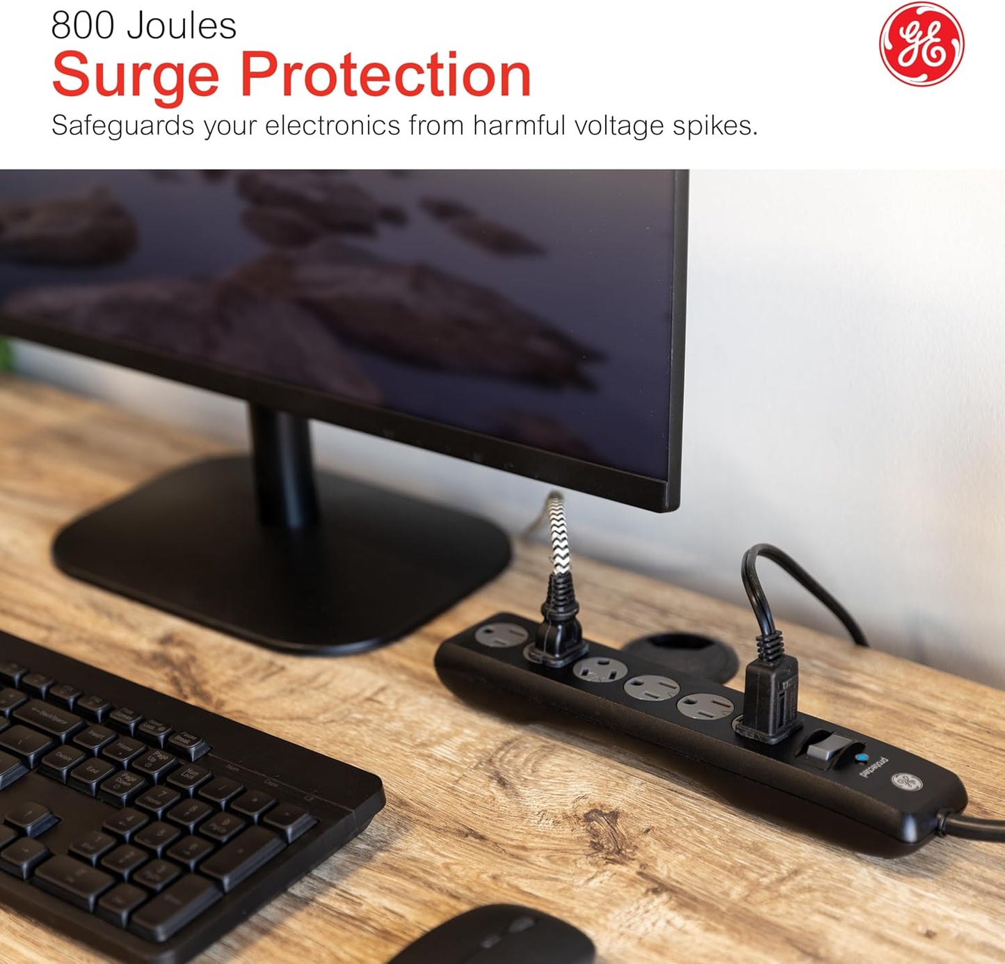 GE Surge Protector Power Strip, 10 Ft Extension Cord, 6 Outlet Extender | 800 Joules, Flat Plug, Wall Mount, Twist-to-Close Safety Covers, ETL Safety Listed, Black, 37442