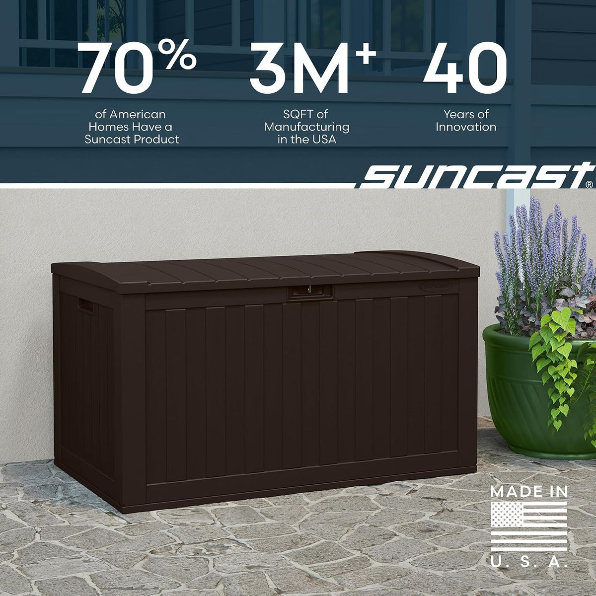 suncast 134-gal. resin extra-large outdoor patio deck box, front angle view