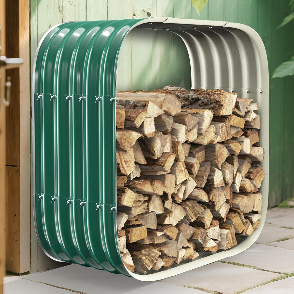 27.5 x 27.5 inch square green firewood rack,log, main product view