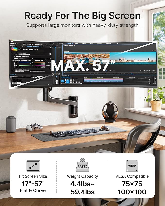 monTEK Monitor Wall Mount for 17-57“ up to 59.4 lbs Ultrawide Screens, Single - Image 2