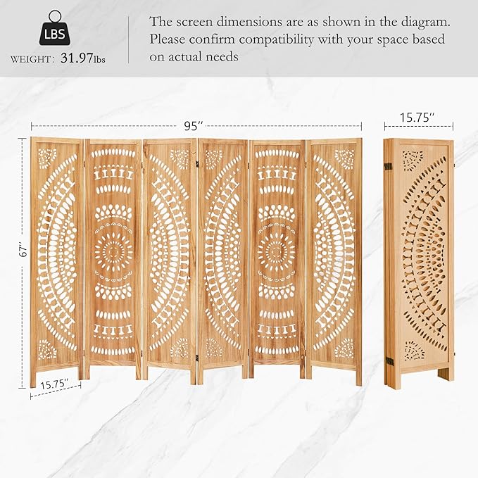 ALeesing 6 Panel Wood Room Divider Fully Assembled, Decorative Room Dividers - Image 2
