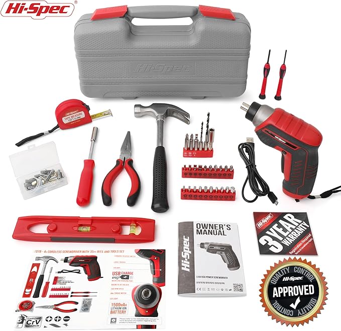 Hi-Spec 35pc Red Tool Kit with 3.6V USB Electric Screwdriver and Drill Set. - Image 7