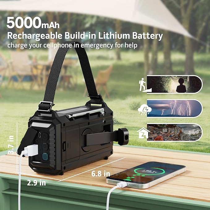 Emergency Weather Radio with AM/FM/NOAA/SW, 5 Ways Powered Solar Hand Crank - Image 3