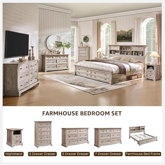 Farmhouse Nightstand with Charging Station, Wooden Side Table w/Roman Column - Image 6