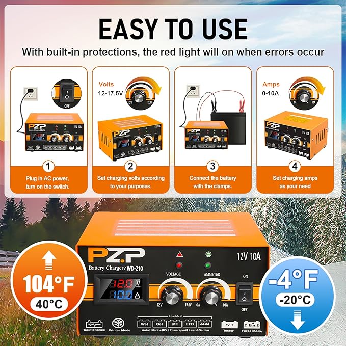 PZP 12V Manual Battery Charger Maintainer, 0 to 10A Arbitrarily Adjustable Car - Image 5