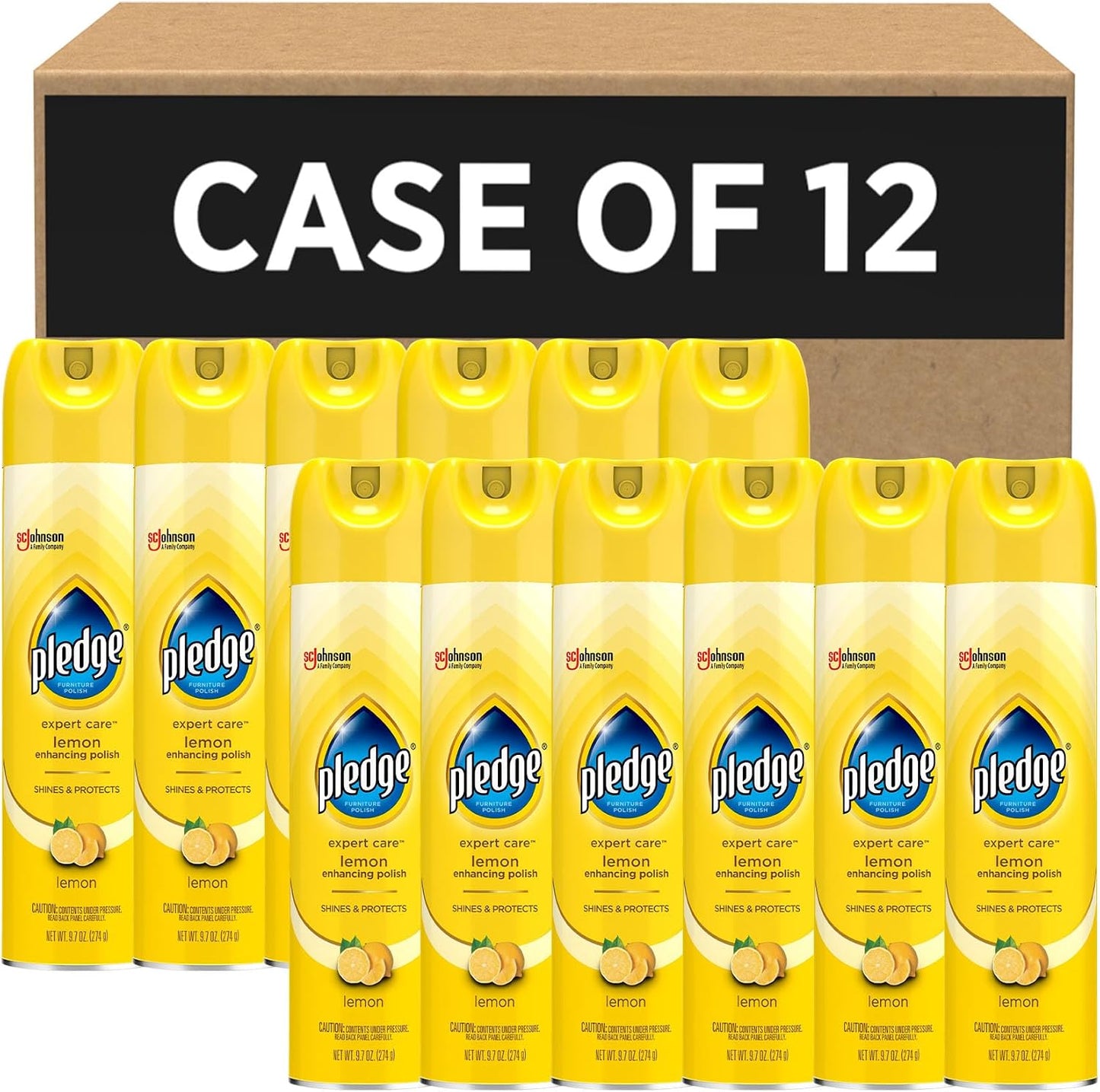 SC Johnson Professional Pledge Enhancing Polish Spray, Lemon scent, 12 Pack | Wood furniture, stainless steel polish that lifts dust and fingerprints for a fast shine, prevent scratches & knicks