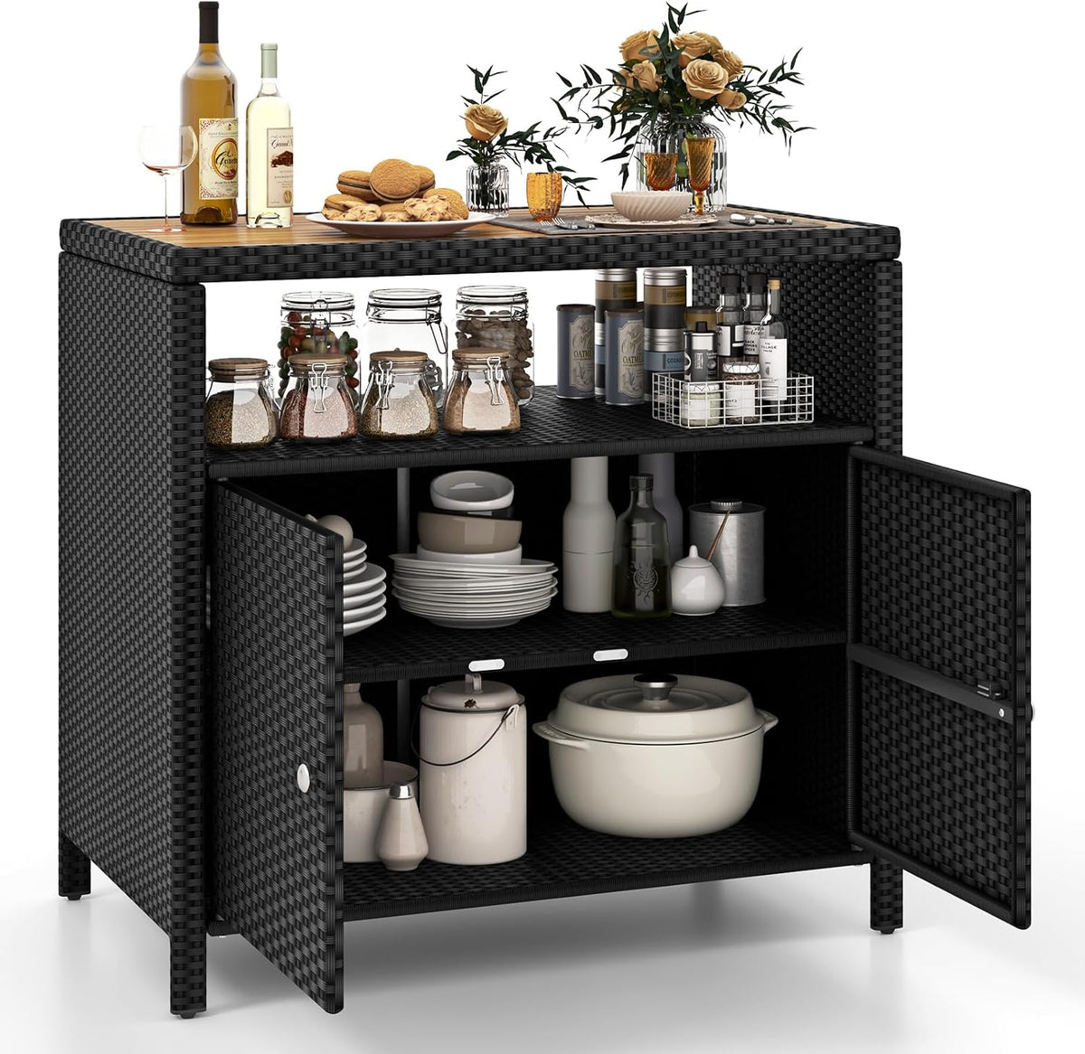 happygrill outdoor rattan storage cabinet, patio sideboard buffet, main product view