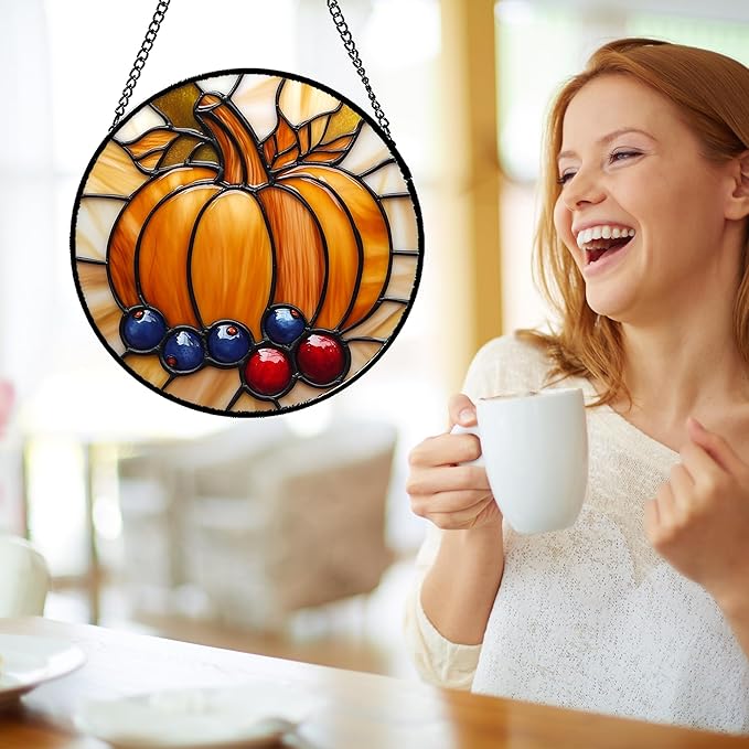 DASTOLL Stained Glass Window Hanging Fall Pumpkin Berries 7.8" - Image 4