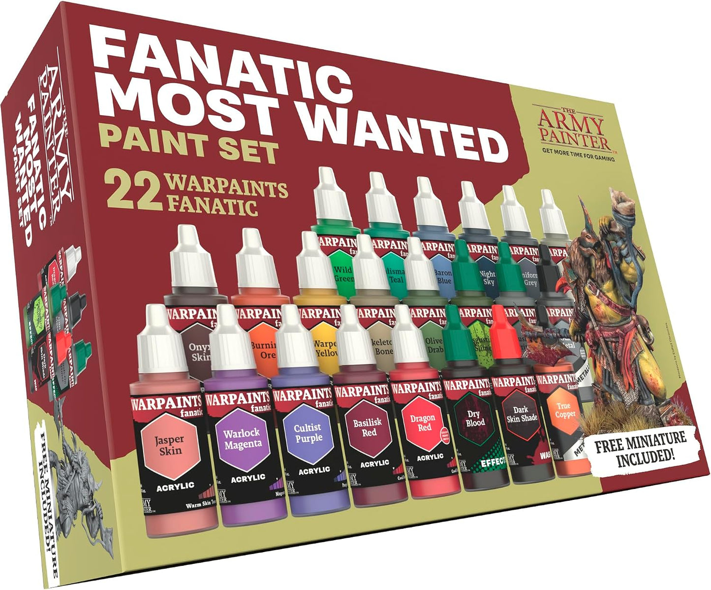 The Army Painter, Warpaints Fanatic Most Wanted Paint Set, 22 x 18 ml | Model Paint Set incl. Skin Tones, Metallics, Effects, Wash, Primer & 1 Miniature - Miniature Paint for DnD & Warhammer
