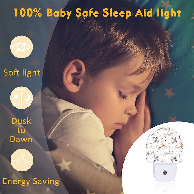 sndheke Funny Cartoon Airplanes Night Light, Retro Watercolor Planes Dusk to - Image 5