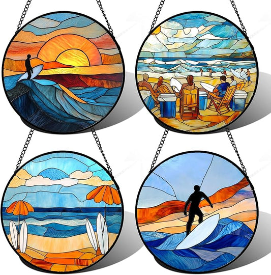 AMDERVEN Stained Glass Window Hanging 4 Pcs Set Blue Ocean Surfing Beach Large by amderven