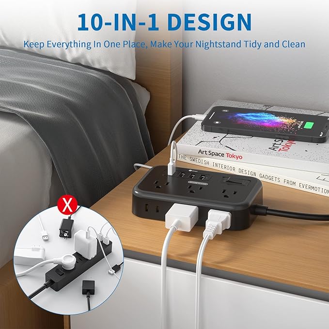 Flat Plug Extension Cord 10 Ft, NTONPOWER 6 Widely Spaced Outlet Power Strip - Image 4