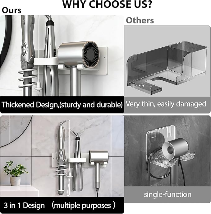 Dovyn Blow Dryer Holder Wall Mount, 3 in 1 Bathroom Hair Tool Organizer - Image 7