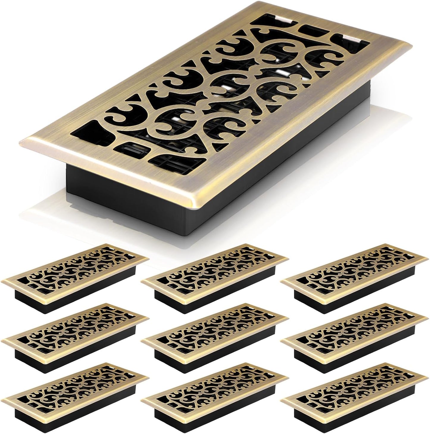 10 Pcs Heavy Duty Floor Registers Carbon Steel Walkable Floor Vent Covers Easy Adjust Air Flow Decoration for Home Heater Air Grilles Vents Supply (Brass,4 x 10 Inch)