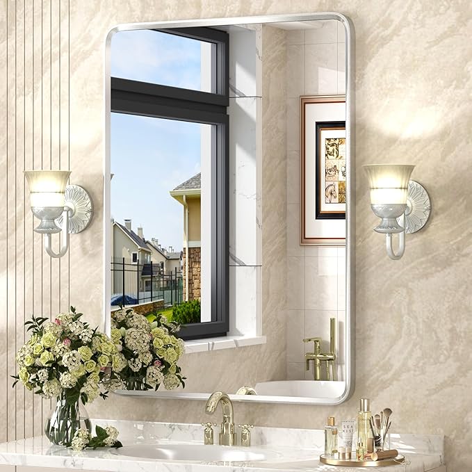 24x36 Inch Silver Framed Mirror, Brushed Nickel, Rounded Rectangle Mirror by GOLOMO