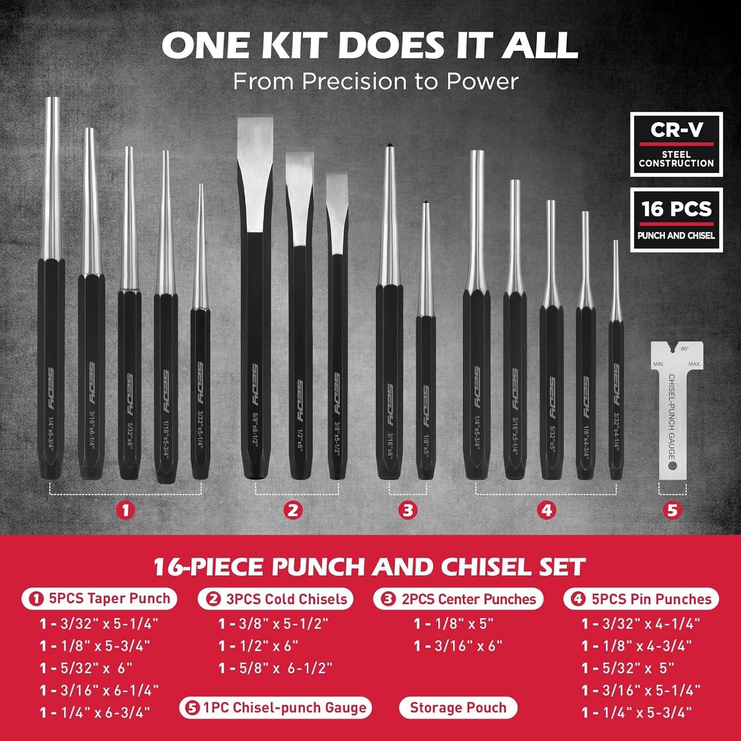 25-Piece Punch and Chisel Set with Roll Pin Punches, Includes Taper, Pin, Center Punches & Cold Chisels for Metalworking, Automotive, and Craft Use