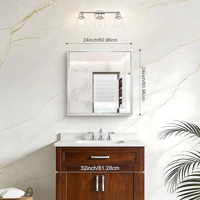 24 x 24 Silver Bathroom Mirror, Brushed Silver Square Mirror - Image 2