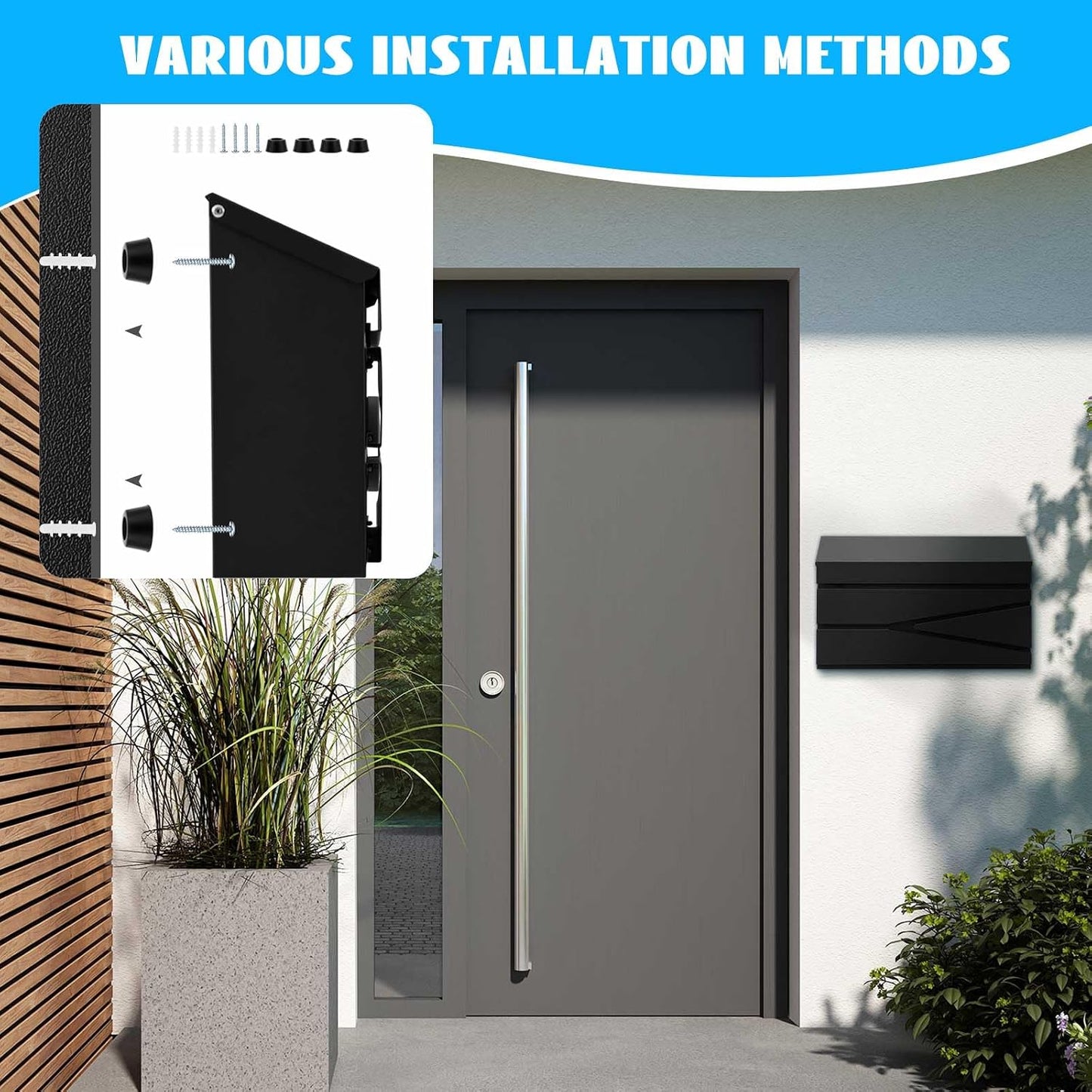 Yaocom Wall Mount Mailbox Large Capacity Mailbox for Outside Galvanized Steel Rustproof Metal Mail Drop Post Modern Black Collection Box Hanging Postbox 15.75" x 9.84" x 4.33" (No Keys Locking)