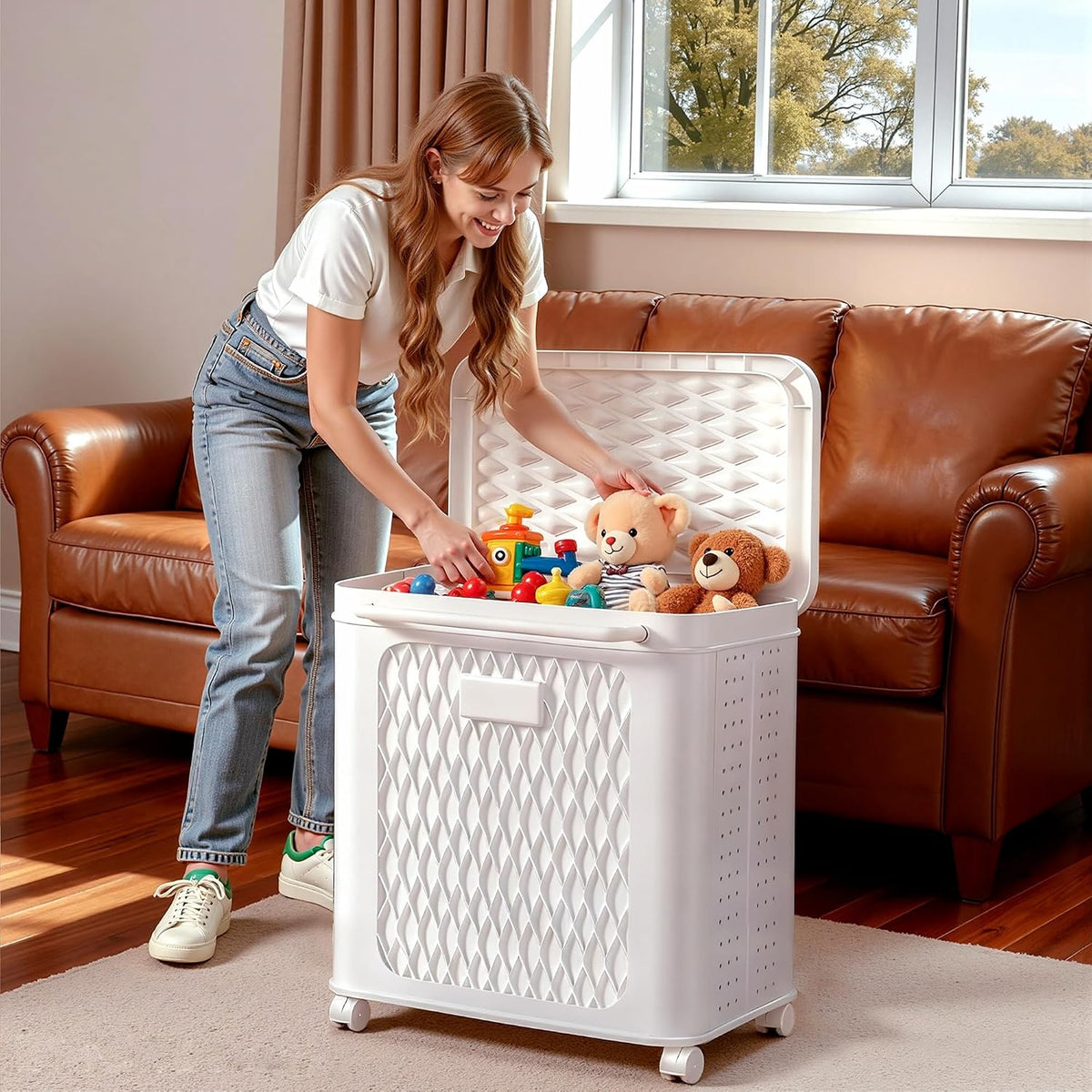 vecelo deck box, outdoor storage box with wheels on a desk or shelf