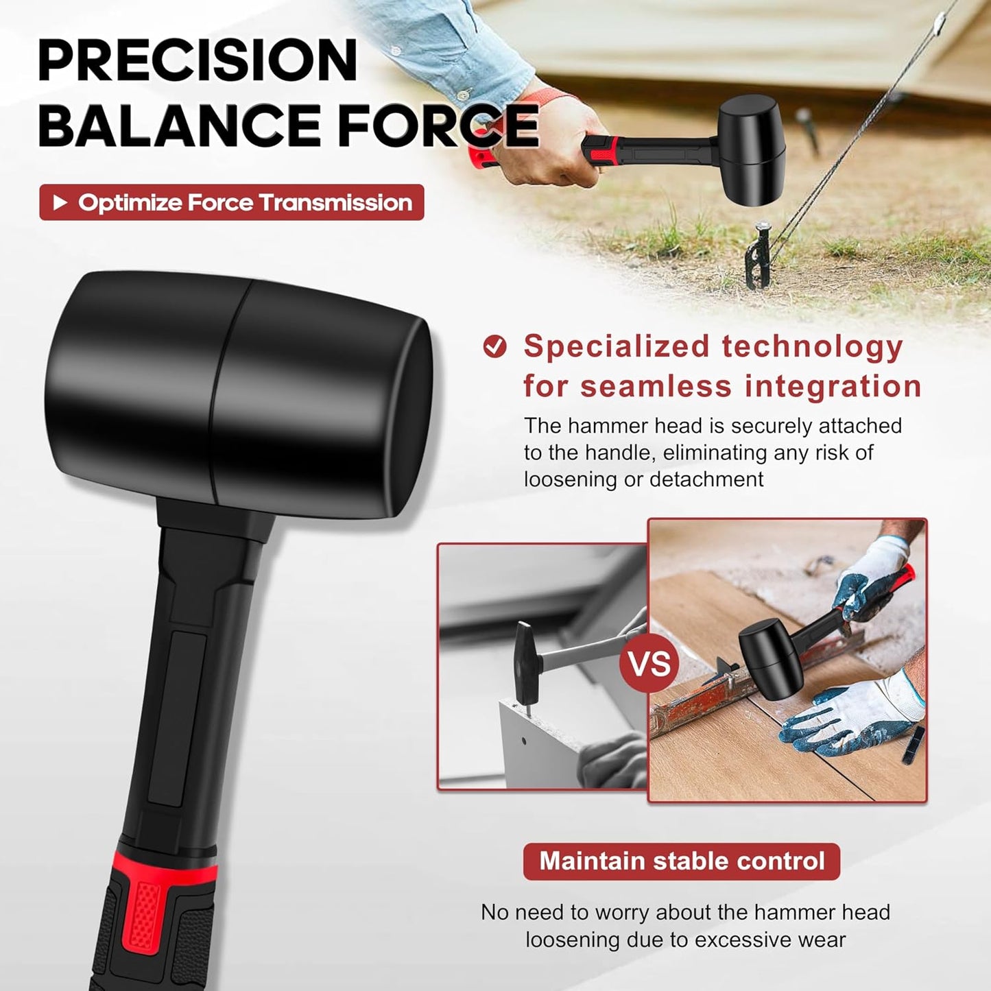 YIYITOOLS 16oz Rubber Mallet Hammer,Double Faced Soft Mallets,Durable Solid Rubber Head,Fiberglass Handle,Ergonomic Grip,Mallet for Flooring,Tent,Woodworking,Camping,Soft Blow Task without Damage