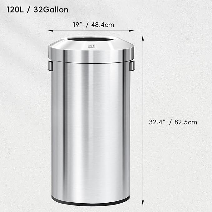 EKO 32-Gallon Round Stainless Steel Open Top Trash Can, Large Commercial Waste - Image 2