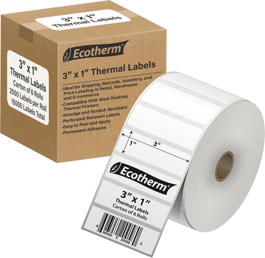 3" x 1" Thermal Labels | 6 Rolls | 15000 Labels | fits Zebra, Offnova Thermal
