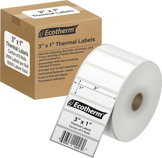 3" x 1" Thermal Labels | 6 Rolls | 15000 Labels | fits Zebra, Offnova Thermal by EcothermProducts
