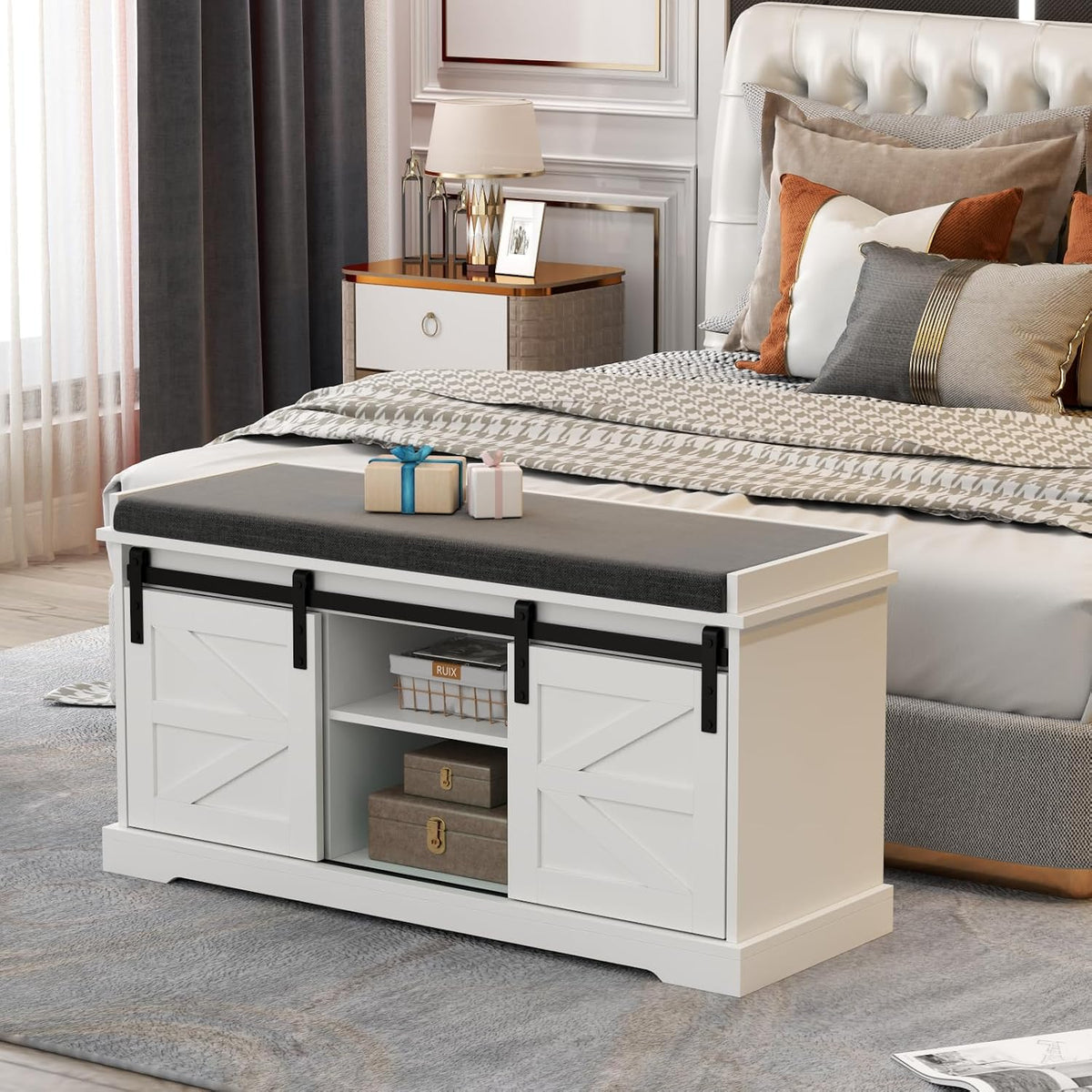 loomie 39" wide white shoe storage bench with, view 9
