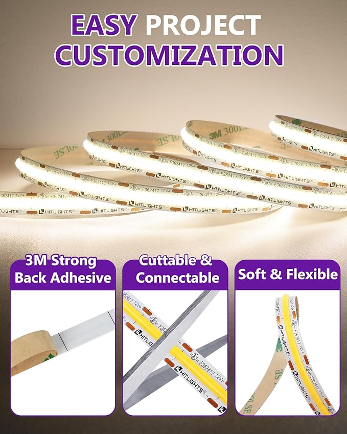 HitLights White COB LED Strip Lights 4000K, 12V Tape Light 16.4ft, 2640 LEDs - Image 6