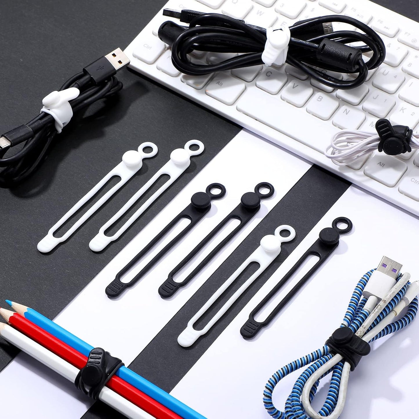 Nuanchu 40 Pcs Silicone Cable Ties Reusable Holder Adjustable Straps Multipurpose Charging Cable Organizer for Fastening Charging Cords Wires(4.17 Inch,Black, White)