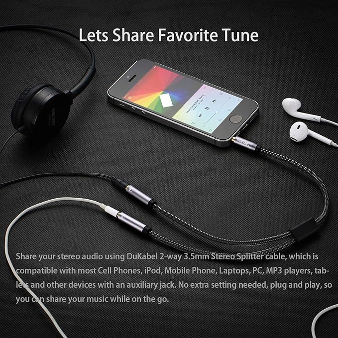 DUKABEL Headphone Splitter, Strong Braided & Gold-Plated 3.5mm Stereo Audio Y - Image 2