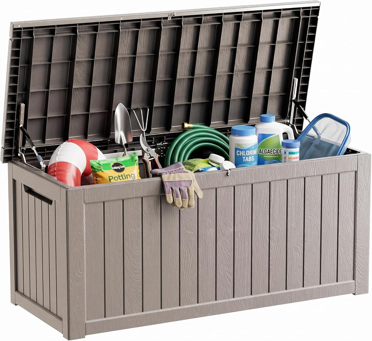 320 gallon outdoor storage box waterproof, lockable resin shown in use