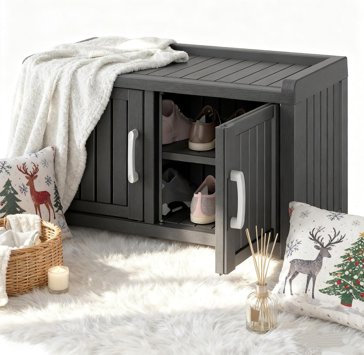2-tier storage bench, waterproof uv-resistant outdoor shoe storage, main product view