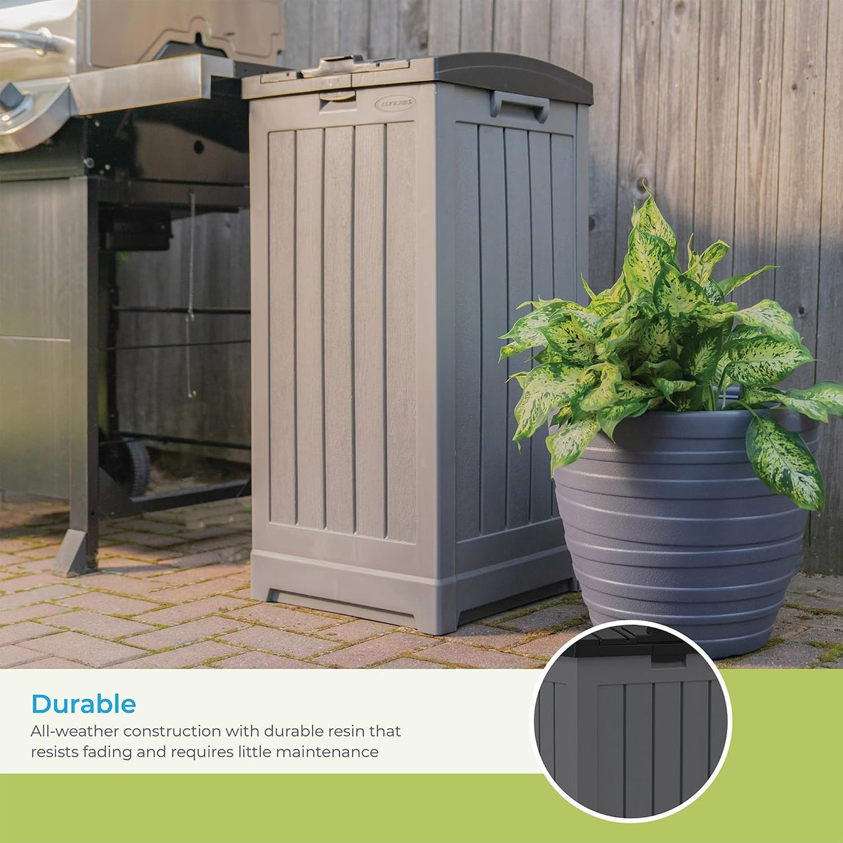 suncast 39-gallon resin outdoor hideaway trash can with, side view
