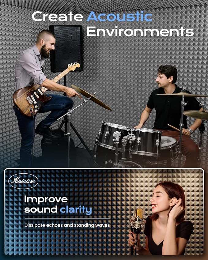 Sonicism Acoustic Panels Self-Adhesive Pyramid 48 Pack|12" X 12" X 2" Sound - Image 5