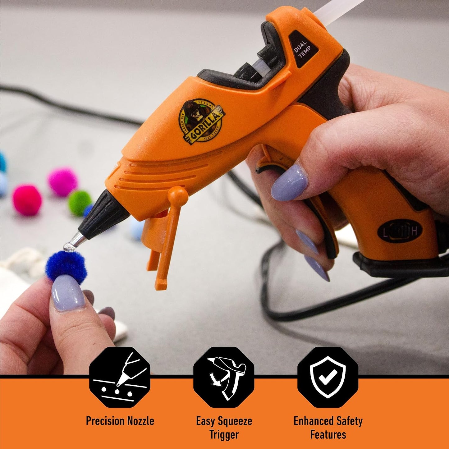 Gorilla Hot Glue Gun, Dual Temp, Mini Size, Easy Squeeze Trigger | Precision Nozzle, Enhanced Safety Features, Built-In Stand, Ideal for DIY, Craft, Repairs, and More