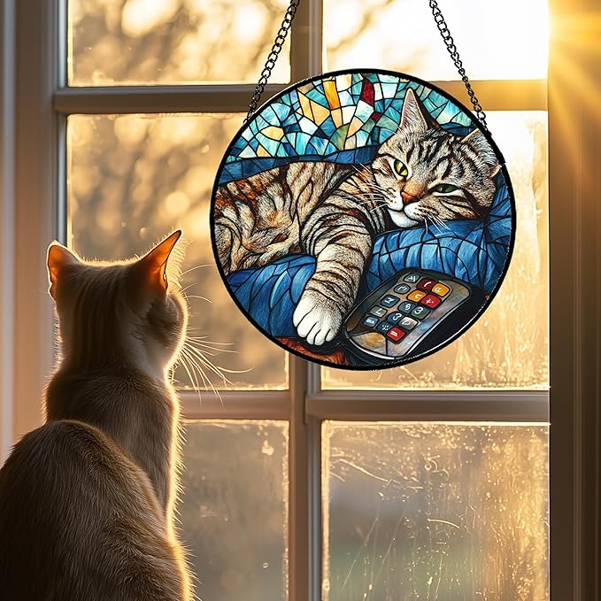 DASTOLL Stained Glass Window Hanging Gray Cat and Remote Control Large 15" - Image 2