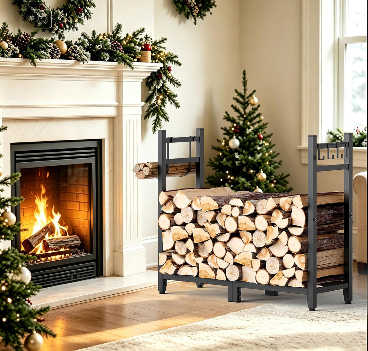 brightown 34 inch firewood rack indoor with log on a desk or shelf