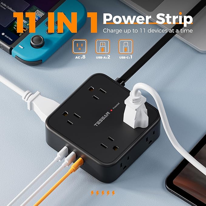 Surge Protector Power Strip, TESSAN 5 FT Black Flat Extension Cord - Image 2