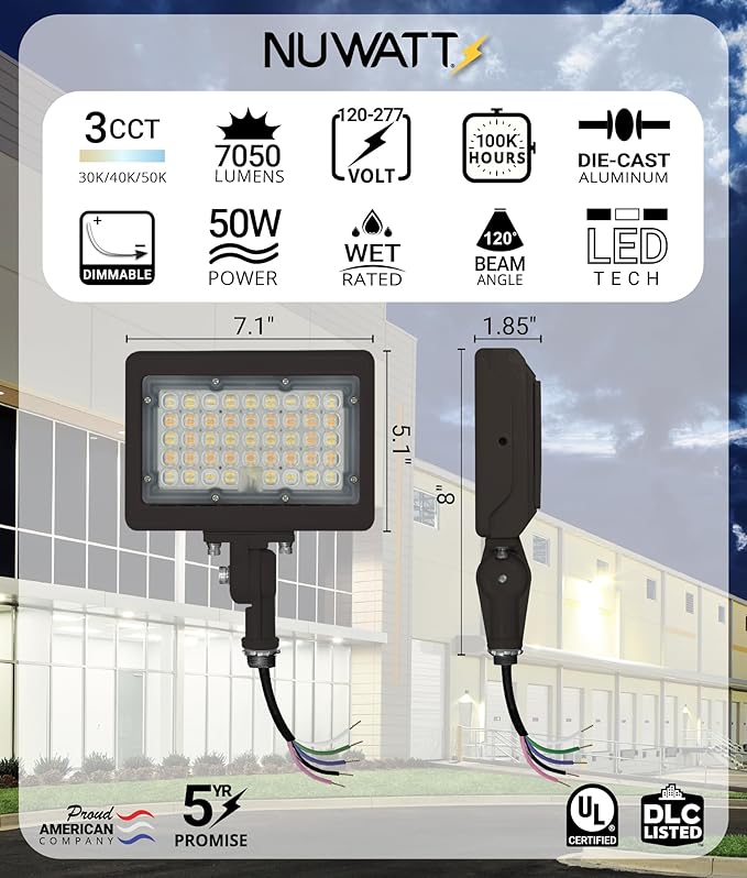 NUWATT 50W LED Flood Light, 3CCT 3000K/4000K/5000K Selectable, IP65 Waterproof - Image 2