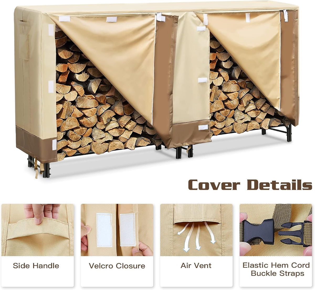 8ft firewood rack cover, 600d oxford heavy duty, close-up detail